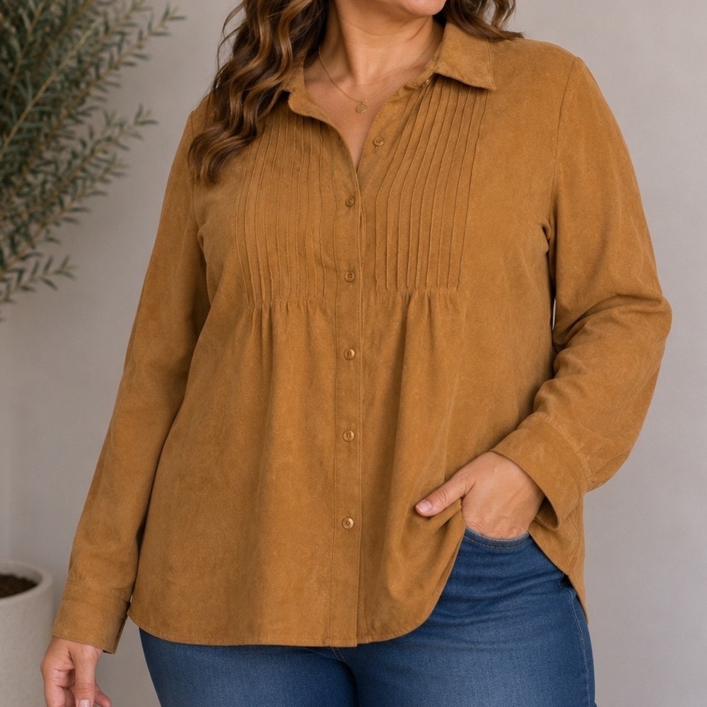 Lemon Grass Studio Faux Suede Blouse Medium Button Front Pintuck Shirt Tan
